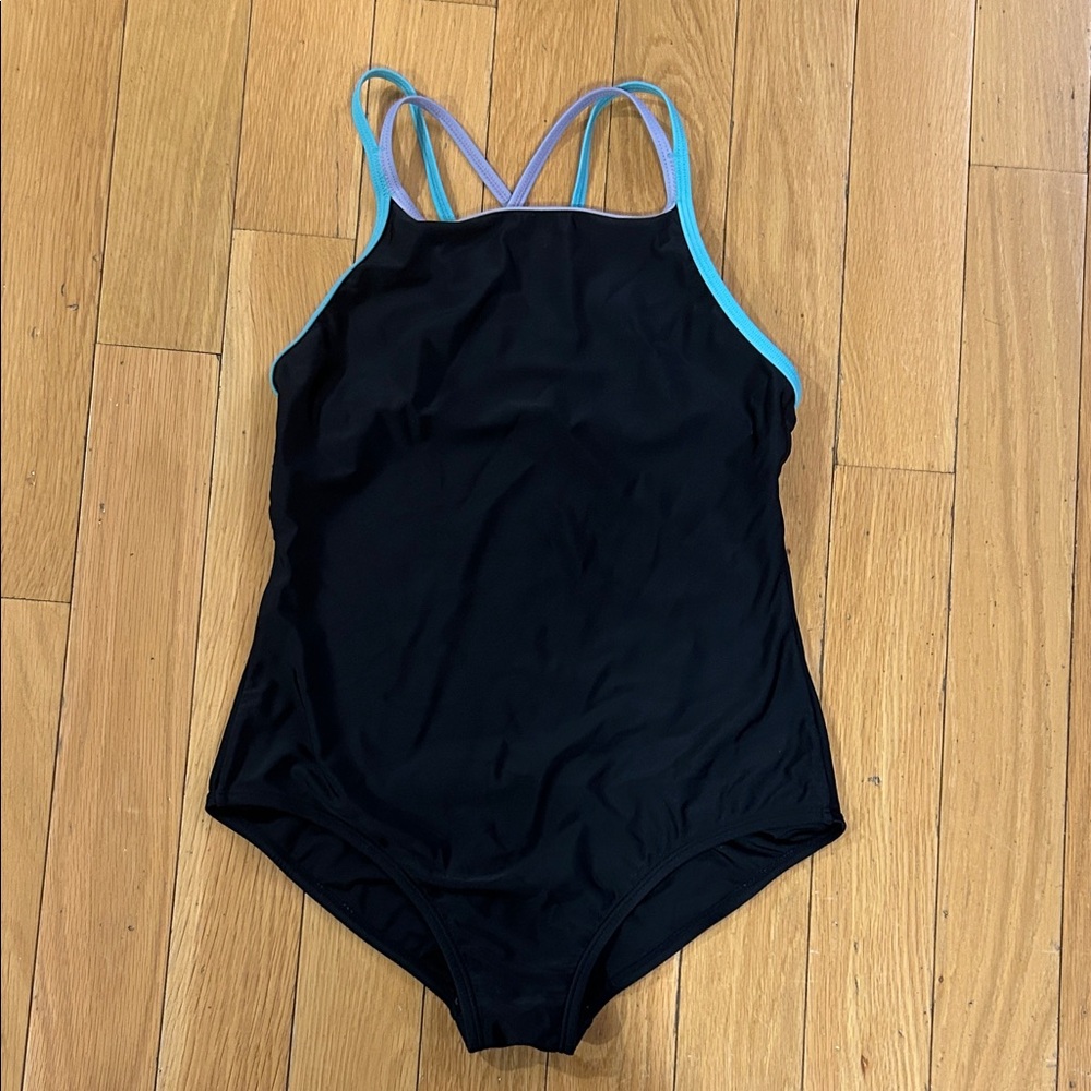 Speedo Girl's Swimsuit Bathing Suit One Piece Black PurpleBlue Thin Straps Sz 16